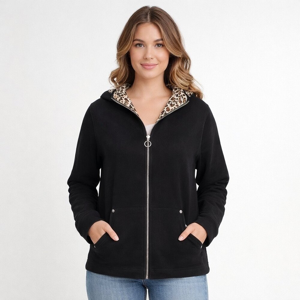 Dress Barn Jersey Knit Jacket – Leopard Print Lined Hood | XL Petite